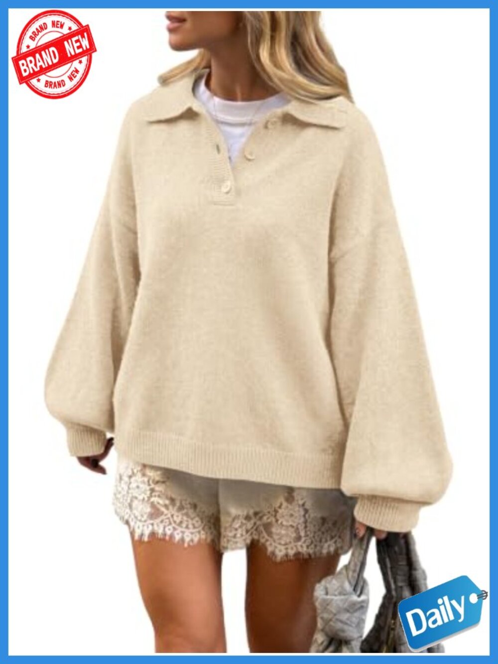 Womens V Neck Sweater Tops Lantern Sleeve Knit Pullovers Oversized Collared